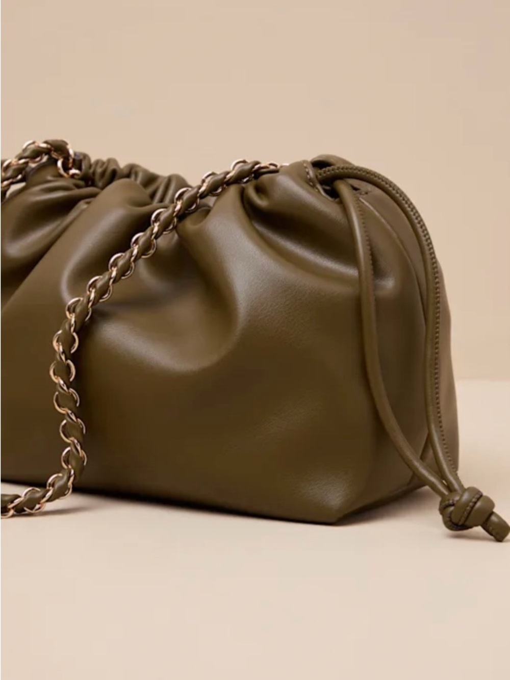 Lulu’s Olive Drawstring Pouch Shoulder Bag with Chain Strap - Picture 7 of 8
